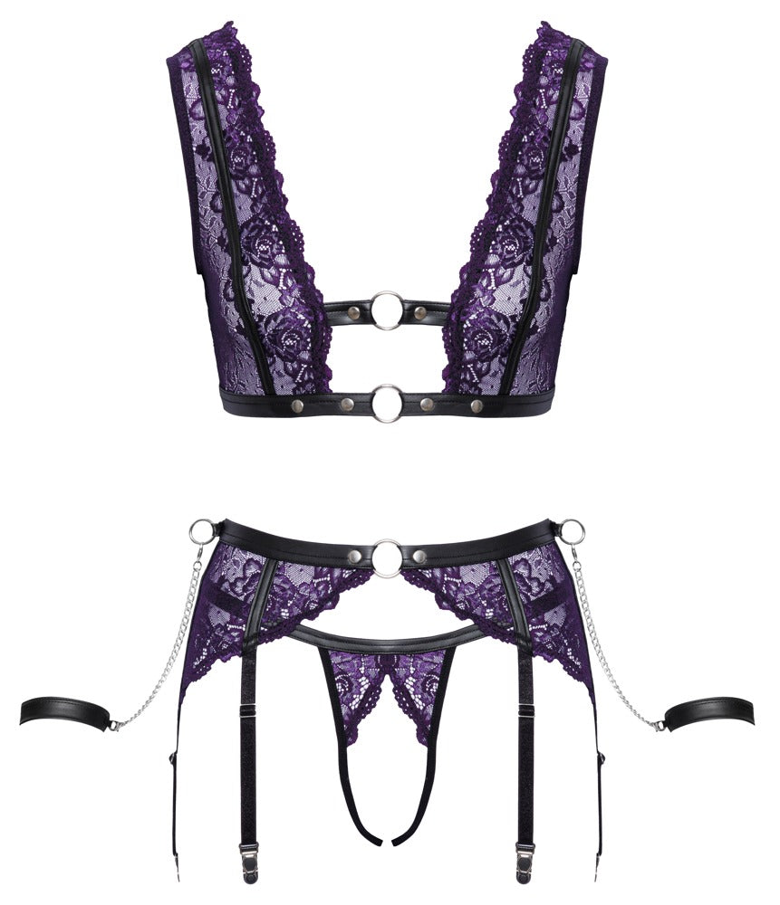 Completo Bondage in pizzo viola